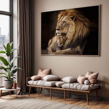 Imagem de Quadro com Moldura Sala Quarto Leão Leoa Família Decorativo Horizontal