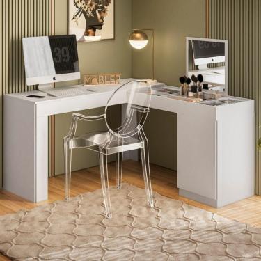 Imagem de Escrivaninha Penteadeira Camarim De Canto Com Espelho Star Branco Fosco Liso - Mabe Magazine