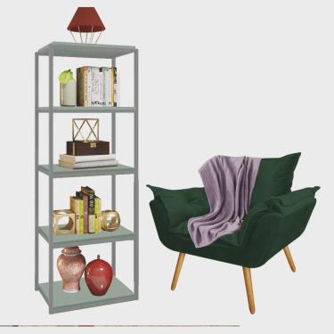 Imagem de Kit Poltrona Fatte com Manta Soft Lilás e Estante Livreiro Ferro Cinza mdf Verde Oliva Suede Verde Musgo - Ahazzo Móveis