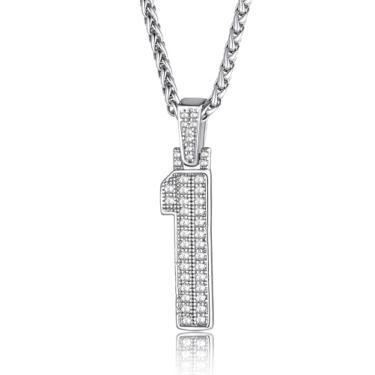 Imagem de KeyStyle Colares de números para homens, colar de corrente com números iniciais brilhantes pingente de diamante simulado hip hop com corrente de strass corrente Spiga, 56+5cm(22''+2''), Zircônia cúbica Banhado a platina Zircônia cúbica, Zircão