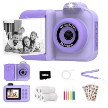 Imagem de Câmera infantil com impressão instantânea, câmera digital infantil 1080p HD com lente dupla, câmera de impressão instantânea com 5 rolos de papel e cartão de 32 GB, presente de aniversário de Natal