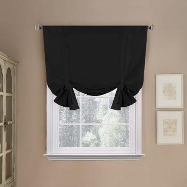 Imagem de H.VERSAILTEX Cortina blackout para janelas de banheiro - persiana ajustável de amarrar com balão para cozinha/sala de estar (painel de bolso de haste, 117 cm L x 160 cm C, preta)