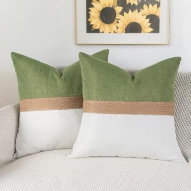 Imagem de Pacote com 2 capas de almofada texturizadas de corda de juta verde claro, 45,7 x 45,7 cm, capas de almofada decorativas neutras para sofá, cama e sala de estar, decoração estética de casa de fazenda