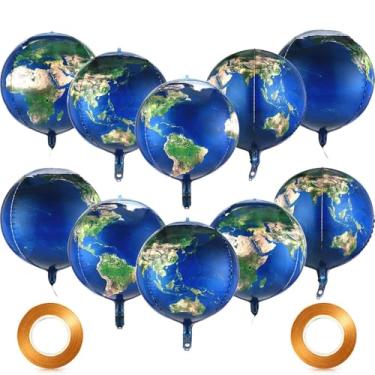 Imagem de Gejoy Pacote com 10 balões infláveis de globo terrestre de 55 cm, balões grandes de mapa do mundo, planeta, globo 4D, infláveis, 2 rolos de fitas para decoração de festa Bon Voyage, material temático