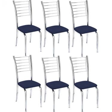 Imagem de Kit 6 Cadeiras De Jantar Lara Cromada Para Cozinha Assento Corino Azul Marinho - Aurora...