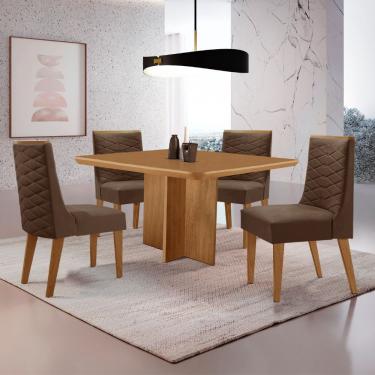 Imagem de Mesa Olimpia 90 Mdf Canto Copo E Com 4 Cadeiras Safira Veludo Marrom/naturalle/naturalle