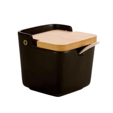 Imagem de Saleiro de Cerâmica com Tampa de Bambu e Colher, Preto