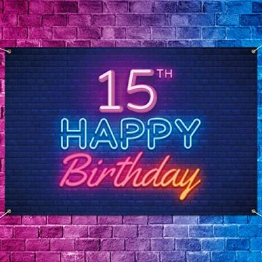Imagem de 5665 Faixa de fundo brilhante neon feliz aniversário de 15 anos decoração preta, colorida brilhante com tema de festa de aniversário de 15 anos para meninos e meninas suprimentos