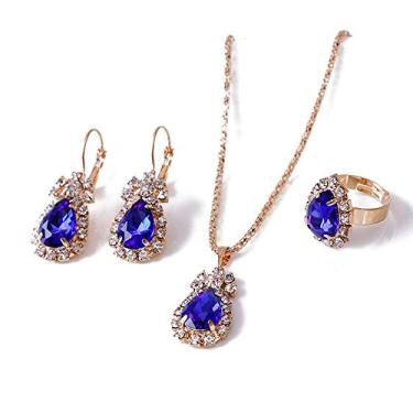 Imagem de Conjunto de joias de cristal de lágrima banhado a ouro 14 K com pingente de gota d'água pingente de lágrima ajustável brilho strass anel de pingo para mulheres meninas acessórios de festa de