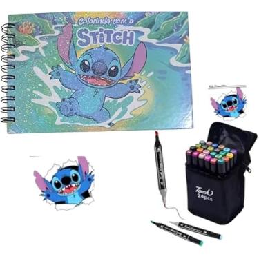 Imagem de Kit 24 Canetinhas Touch + Livro Desenho Colorir 50 Fls. Capa Dura - Lilo&stitch