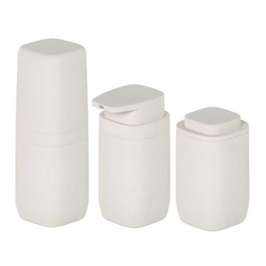 Imagem de Kit Banheiro 3pç Porta Escova Cotonete Algodão + Dispenser Sabonete Lí