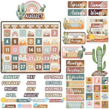 Imagem de Cholemy Conjunto de quadro de avisos de 85 peças, calendário de sala de aula, quadro de avisos com números, mês, clima e sala de aula, decoração de parede para quadro-negro, material escolar (deserto