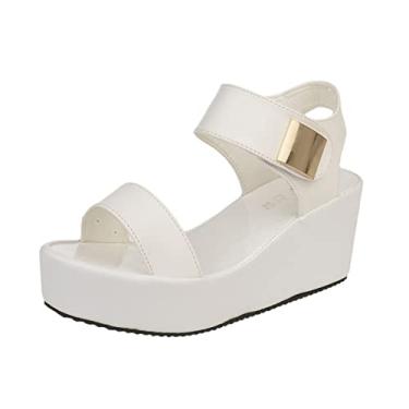 Imagem de Sandálias femininas de plataforma de cunha, parte superior macia, forro confortável, sandálias de tira de tornozelo em pasta, moda, antiderrapante, chinelos de praia, para saias longas(White,38 EU)