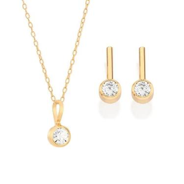 Imagem de Kit Rommanel Brinco Filete Com Zircônia Colar Ponto Luz 42cm