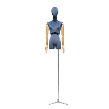 Imagem de Manequim feminino com suporte triangular, torso de veludo, braço giratório removível de madeira maciça, base de metal, capaz de posar(Blue Silver)