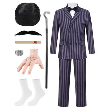 Imagem de Fantasia masculina de risca, fantasia de gangster, conjunto de 11 peças, jaqueta listrada, calça de Halloween, cosplay, festa, Preto, 3G