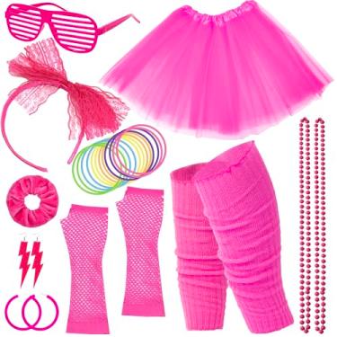 Imagem de YAROMO Acessórios De Fantasia Dos Anos 80 Para Mulheres, Traje Festa Halloween 90, Saia Tutu, Faixa Cabeça, Brinco, Colar, Luvas Vidro (Rosa Choque)