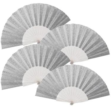 Imagem de Pacote com 4 leques de mão femininos com glitter e nervuras transparentes brilhantes – Ideal para casamento, igreja, festival, dança, festa de chá, clube e acessórios EDM, prateado