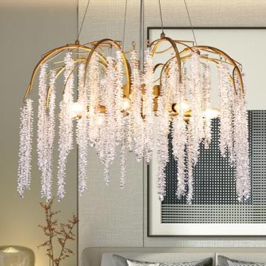 Imagem de TOCHIC Lustre de cristal moderno de luxo dourado com 8 luzes lustres de luminária de galho de árvore redonda para sala de jantar, quarto, banheiro, hall de entrada, 80 cm L