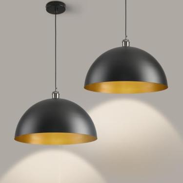 Imagem de Luzes pendentes de cúpula preta, ilha de cozinha, luminária pendente preta e dourada, grande vintage de metal industrial para ilha de cozinha, sala de jantar, café, bar, pacote com 2