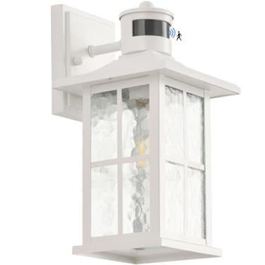 Imagem de FLEDAVID Luminária de parede externa com sensor de movimento do crepúsculo ao amanhecer Lanterna de varanda externa branca iluminação de arandela rústica lâmpada de montagem de parede com vidro