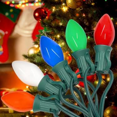 Imagem de Couah Pacote com 2 luzes de corda C7 - Luzes coloridas vintage transparentes com 54 lâmpadas incandescentes coloridas (4 sobressalentes), cordão de luzes externas para festa de Natal, quintal