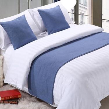 Imagem de Cachecol de corredor de cama de hotel, colchas de cor sólida, cobertas, lenços, protetor de lenços, capa protetora para quarto, hotel, decoração, Queen King, toalha de cama azul-50 x 260 cm para cama