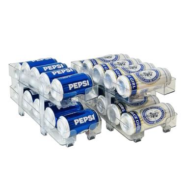 Imagem de Organizador de bebidas ajustável para geladeira, 2 pacotes de dispensador de lata de refrigerante para geladeira, suporte expansível para latas padrão e altas, armazenamento transparente para uso em
