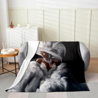 Imagem de Erosebridal Cobertor de flanela para meninas negras para bebês 76 x 101 cm, moderno, cinza, prata, cobertor de lã para meninas, adolescentes, mulheres, vestido de moda afro-americana, felpudo, estampa