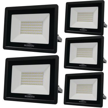 Imagem de Kit 5 Refletor De Led Slim 50w Prova Dágua Preto Bivolt 3000k Quente