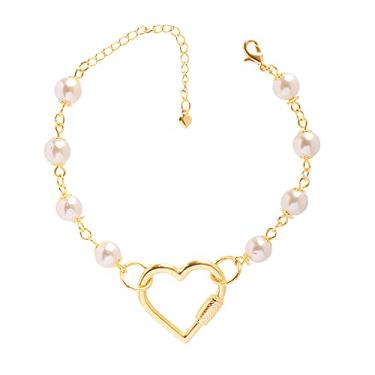 Imagem de Conjunto colar brinco e pulseira com coração e perolas folheado em ouro 18k