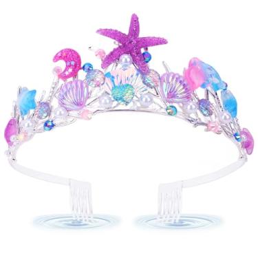 Imagem de BAHABY Coroa de sereia para meninas, decorações de aniversário de sereia, concha e cauda de sereia, tiaras para mulheres e meninas