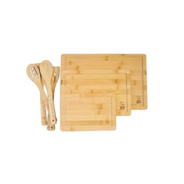 Imagem de Conjunto de 3 tábuas de corte de bambu Simply GF com 5 utensílios de cozinha de bambu – Conjunto de tábuas e utensílios de corte extragrossos e duráveis – Ferramentas de cozinha marcadas sem glúten