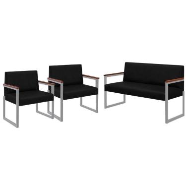 Imagem de Conjunto Sofá 2 Lugares E 2 Poltronas Niterói Couro Preto Em Metal Champanhe