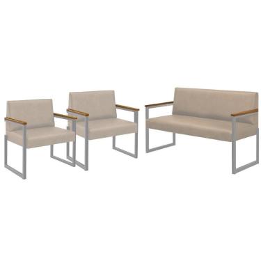 Imagem de Conjunto Sofá 2 Lugares E 2 Poltronas Niterói Couro Off White Em Metal Champanhe