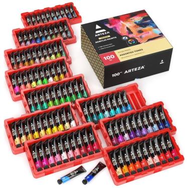 Imagem de Kit de Tinta Acrílica Profissional com Cores Essenciais, 100 Peças, Arteza