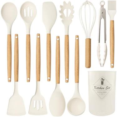 Imagem de Conjunto de utensílios de cozinha de silicone, 12 peças, conjunto de utensílios de cozinha de silicone, conjunto de espátulas de silicone, conjunto de utensílios de cozinha, conjunto de espátula de silicone (branco)