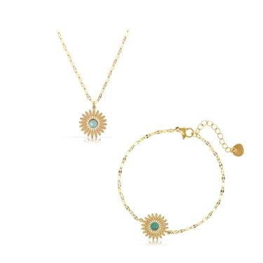 Imagem de Made by Nami Conjunto de joias de girassol para mulheres, colar e pulseira banhados a ouro 18 K com pedra turquesa, pingente de ouro, joias minimalistas, presente boho