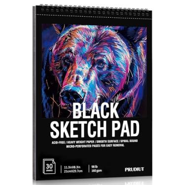Imagem de Caderno de desenho de papel preto com 30 folhas, 44,5 kg/160 g/m², bloco de esboço preto pesado 21 x 11 cm, papel de desenho sem ácido, caderno de esboço encadernado em espiral para crianças