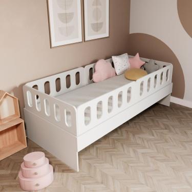 Imagem de Cama Solteiro Mdf Branco Com 04 Grades E Cabeceira Anatômica Mobilistore