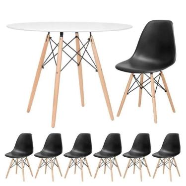Imagem de Conjunto De Mesa Redonda Eames 100cm Branco + 6 Cadeiras Eiffel Dsw Preto