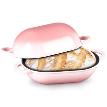 Imagem de TeamFar Forma de pão de ferro fundido esmaltado, forno holandês oval de 2 litros com tampa para assar pão de fermento, forma de bolo de carne esmaltada com tampa, distribuição uniforme de calor e