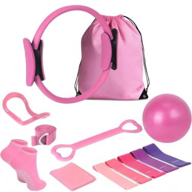Imagem de IJEUH Conjunto de anéis de pilates, 13 peças, acessórios de equipamentos de exercício para mulheres, exercícios, bola de pilates, alça de alongamento, círculo mágico, anel de ioga, academia, bolsa