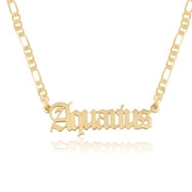 Imagem de Colar com nome do zodíaco para mulheres – placa de identificação gótica em inglês antigo na corrente Fígaro – 12 signos de astrologia e horóscopo, Medium, Banhado a ouro, Sem Pedra Preciosa