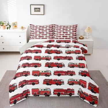 Imagem de jejeloiu Conjunto de cama com desenho animado de caminhão de bombeiros, macio, para meninos e meninas, solteiro, carro, veículo, edredom de microfibra, decoração de quarto, 2 peças com 1 fronha