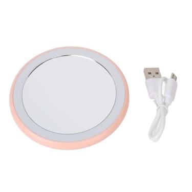 Imagem de Espelho de maquiagem compacto com luz usb recarregável led redondo portátil pequeno espelho para viagens uso doméstico abs branco 3.5 Polegada (Rósea)