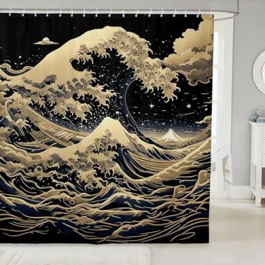 Imagem de jejeloiu Cortina de chuveiro ondulada japonesa para decoração de banheiro Cortina de banho temática Ukiyoe para barracas Banheiras Padrão Hokusai Acessórios de banheiro Tecido de poliéster impermeável
