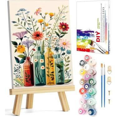 Imagem de Kit de pintura emoldurada por números para adultos iniciantes e crianças de 8 a 12 anos, kits de pintura por números Easy Flowers para adultos em tela com cavalete, kits de pintura a óleo acrílica