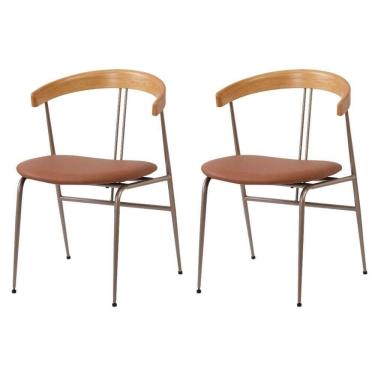 Imagem de Kit 2 Cadeiras Escandinávia Fratini Encosto Madeira Assento Pu Caramelo Estrutura Aço Champangne