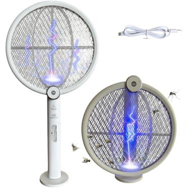 Imagem de Super Raquete elétrica 2 em 1 Luminaria Armadilha Repelente Luz Led UV Lampada Choque 3000V Mata Mosca Mosquito Dengue Pernilongo Anti Inseto Raquete Dobravél Com Suporte De Mesa - Prime
